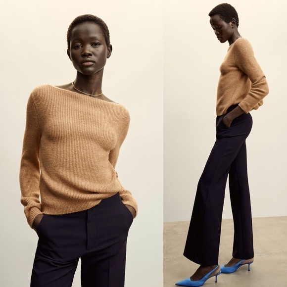 NWT L’AGENCE Camel Honey Chenille Ribbed Knit Scoop Boatneck Pullover Sweater S